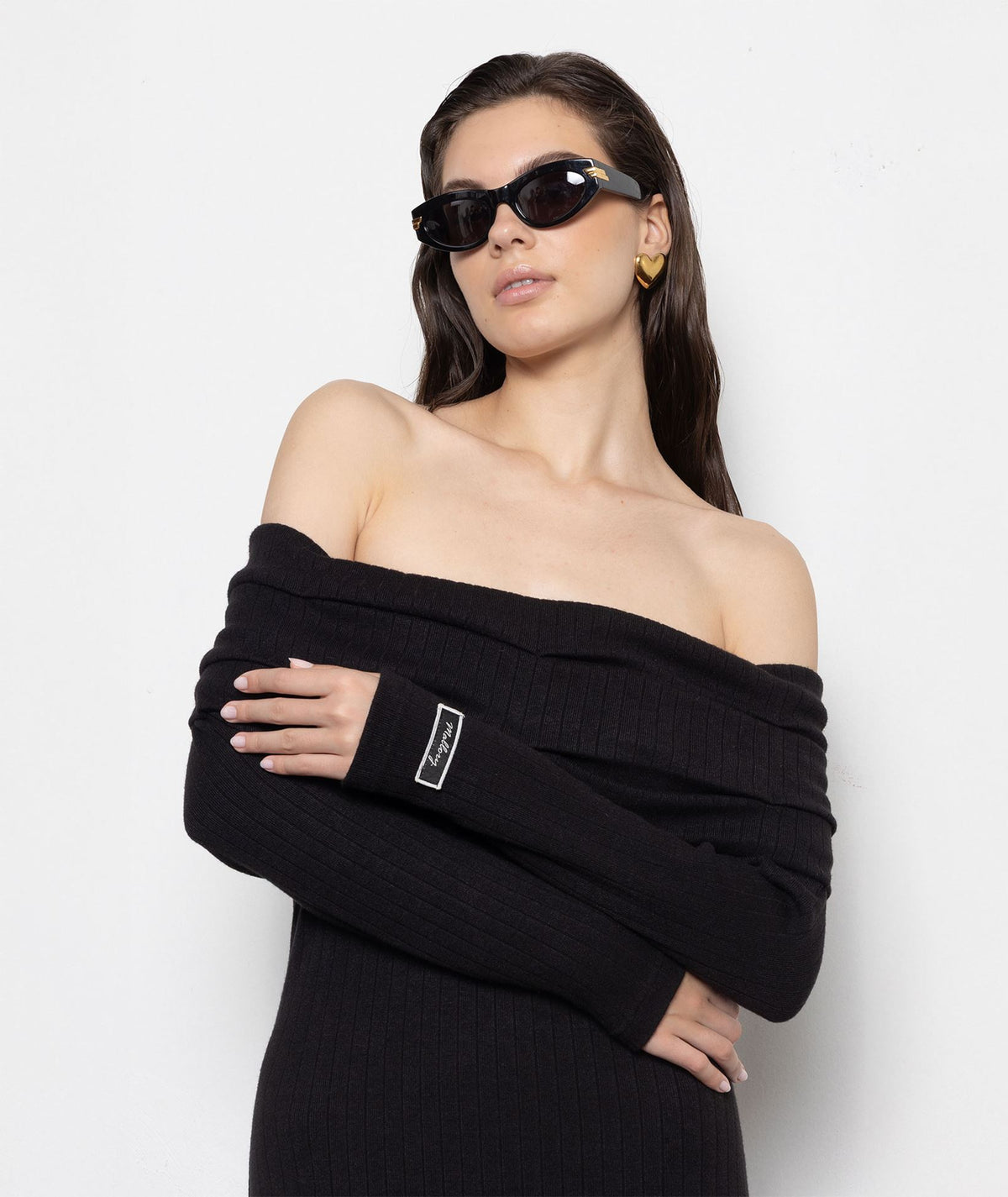 Mallory The Label | Black knitted off shoulder Nyra maxi dress