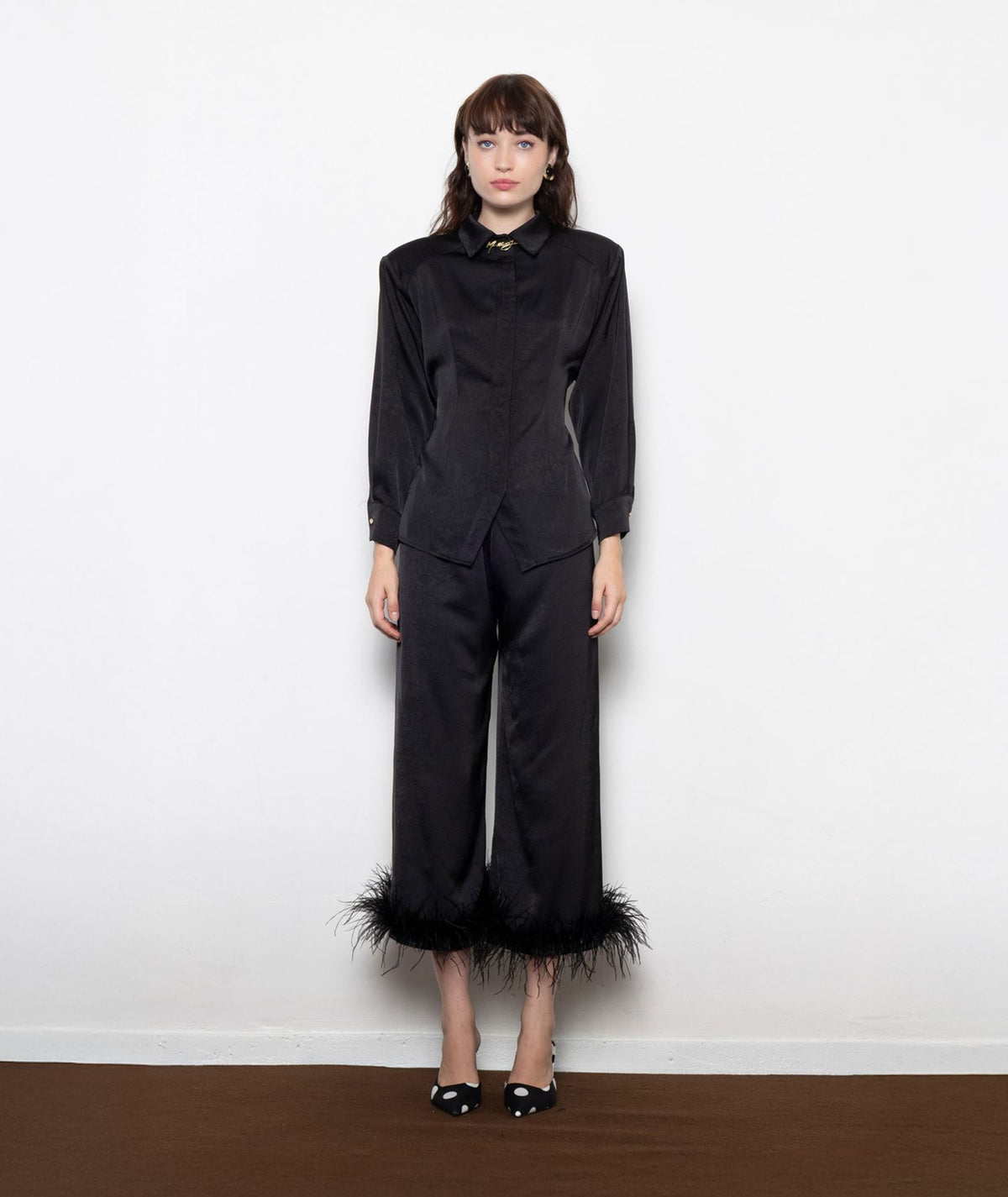 Mallory The Label | Black satin Coyote padded shirt with belt