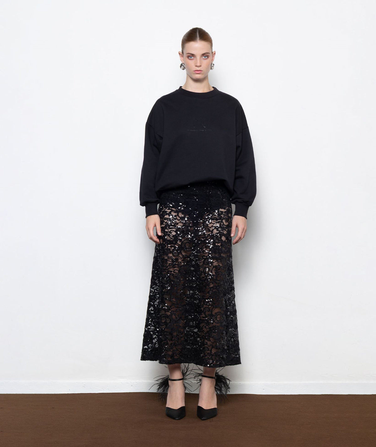 Mallory The Label | Black lace sequined Nora midi skirt