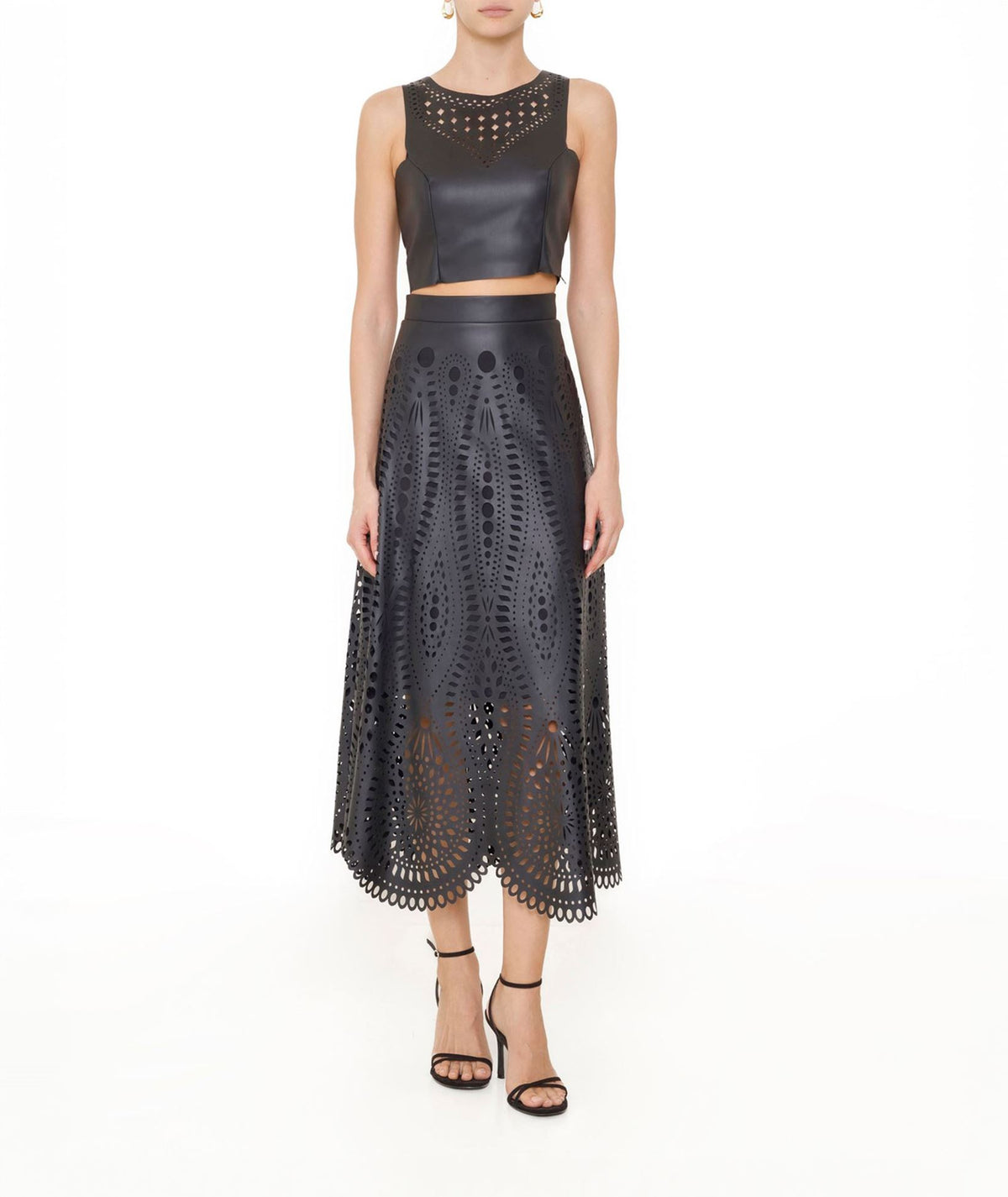 Cutcuutur | Black faux leather laser cut A-line midi skirt