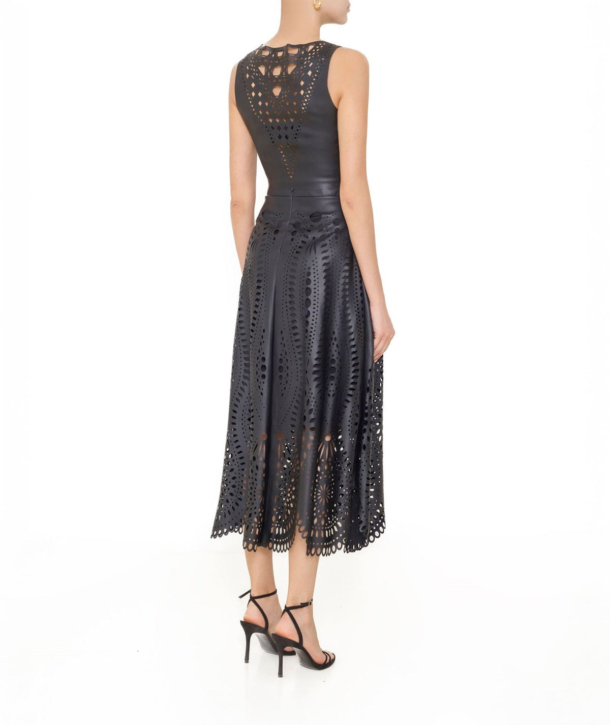 Cutcuutur | Black faux leather laser cut A-line midi skirt