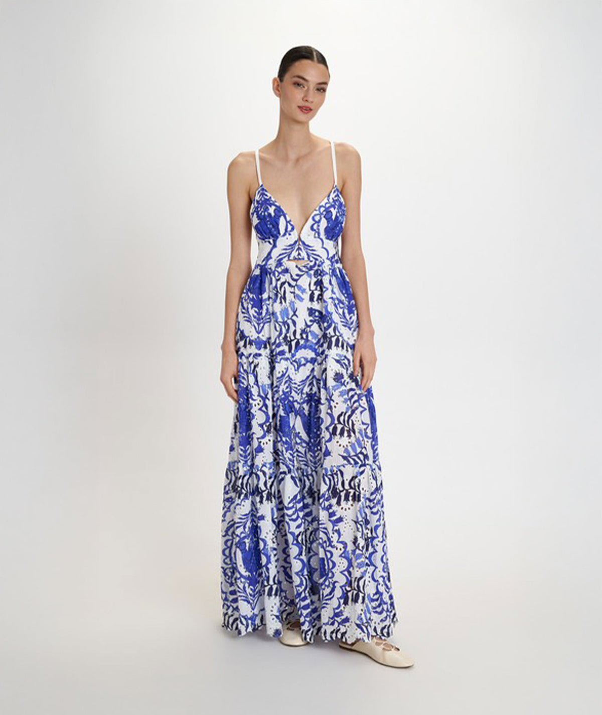 Pearl & Caviar | Blue white printed broderie cotton Portaria maxi dress
