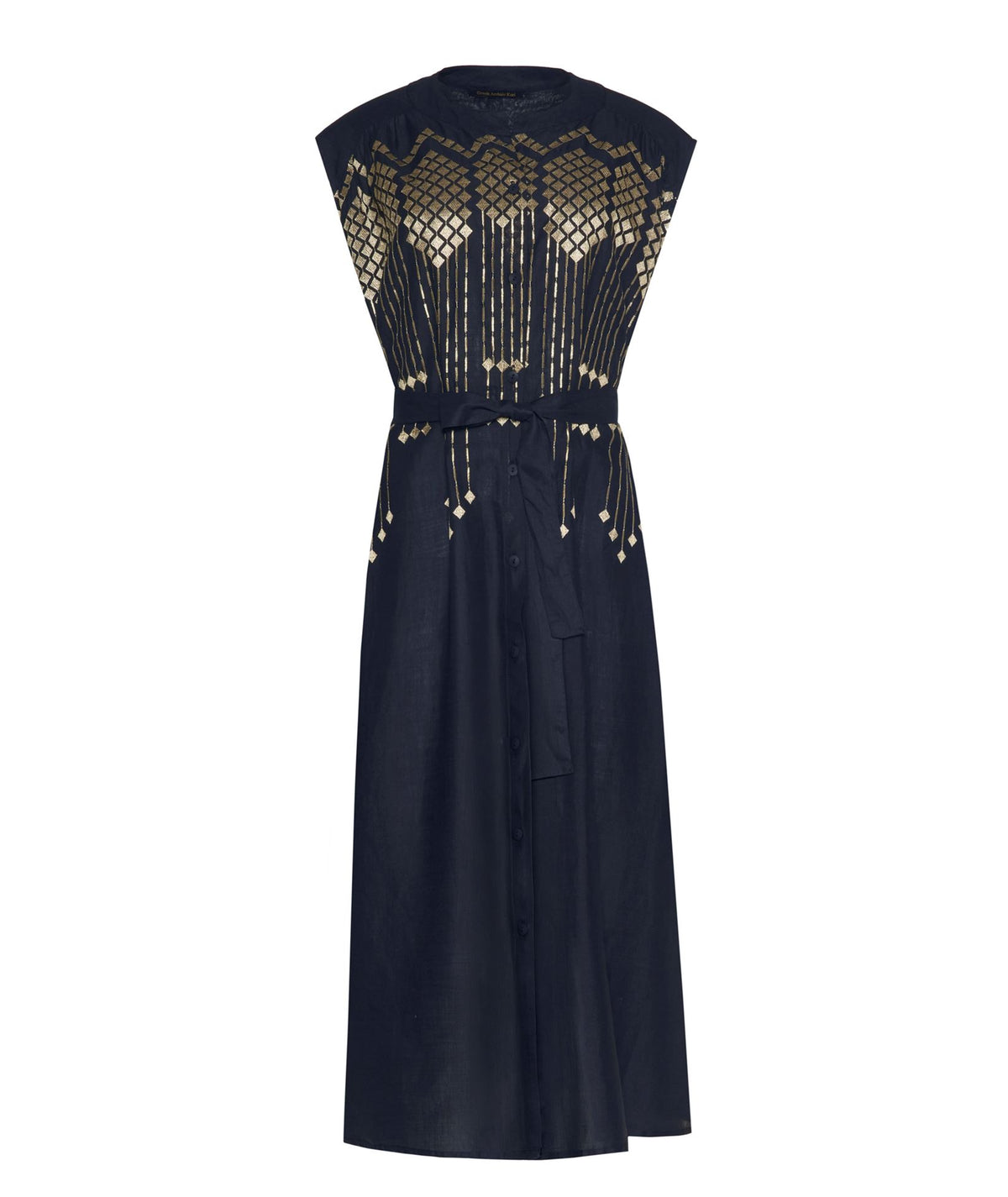 Greek Archaic Kori | Navy blue gold embroidered Grape midi shirt dress