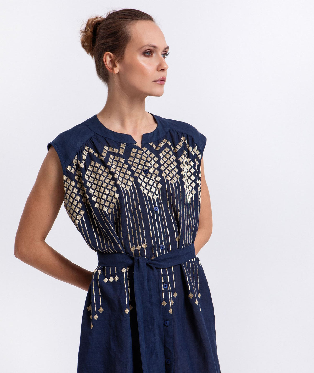 Greek Archaic Kori | Navy blue gold embroidered Grape midi shirt dress