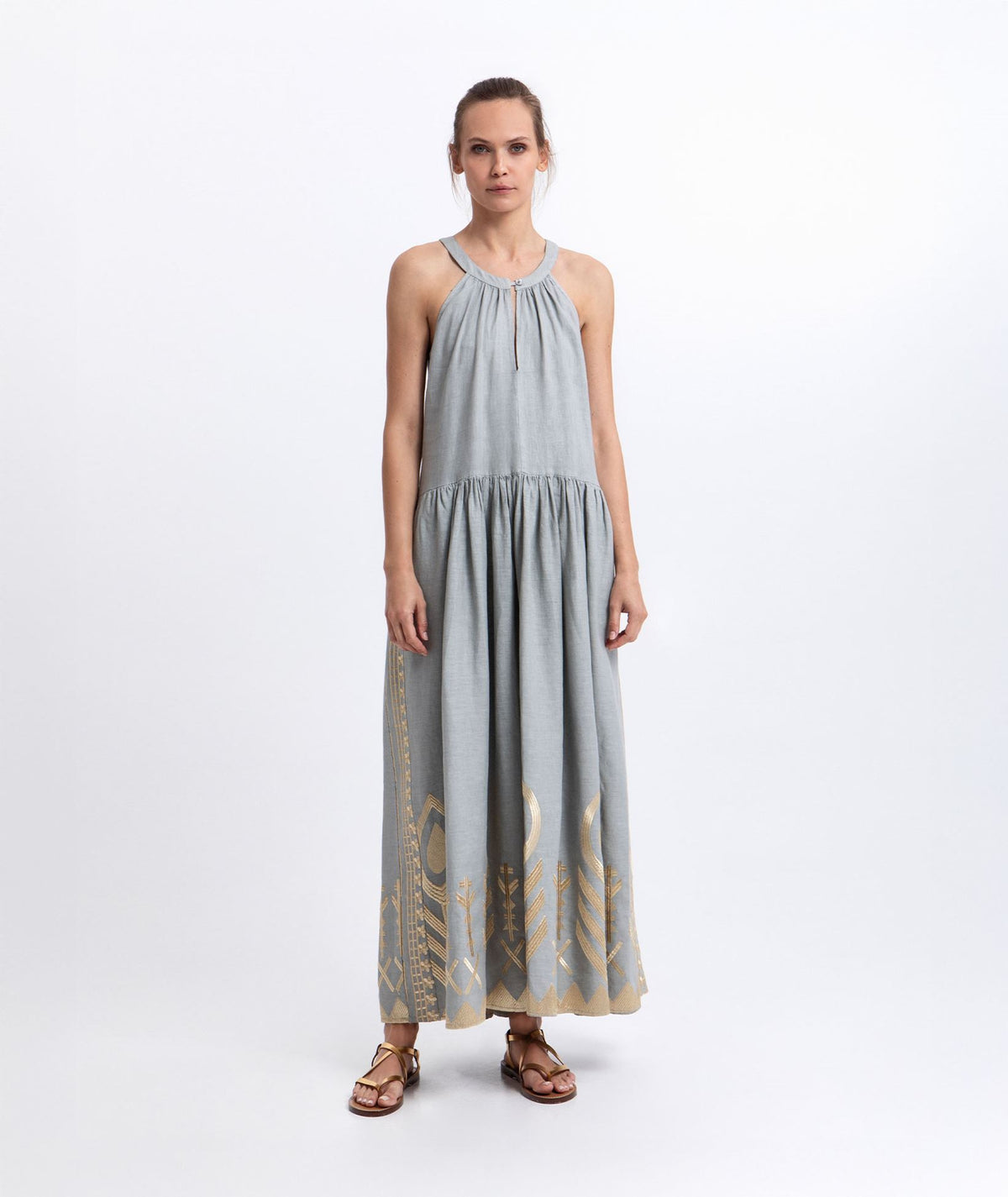 Greek Archaic Kori | Stone gold linen embroidered Feather halter midi dress