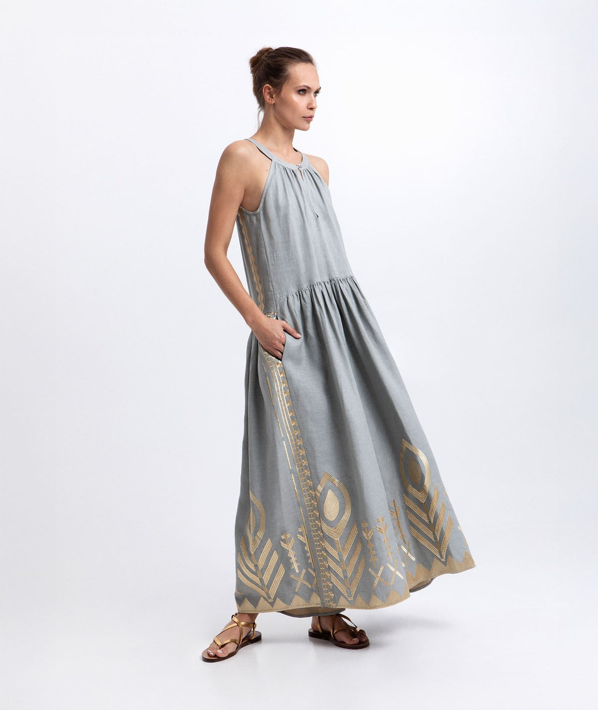 Greek Archaic Kori | Stone gold linen embroidered Feather halter midi dress