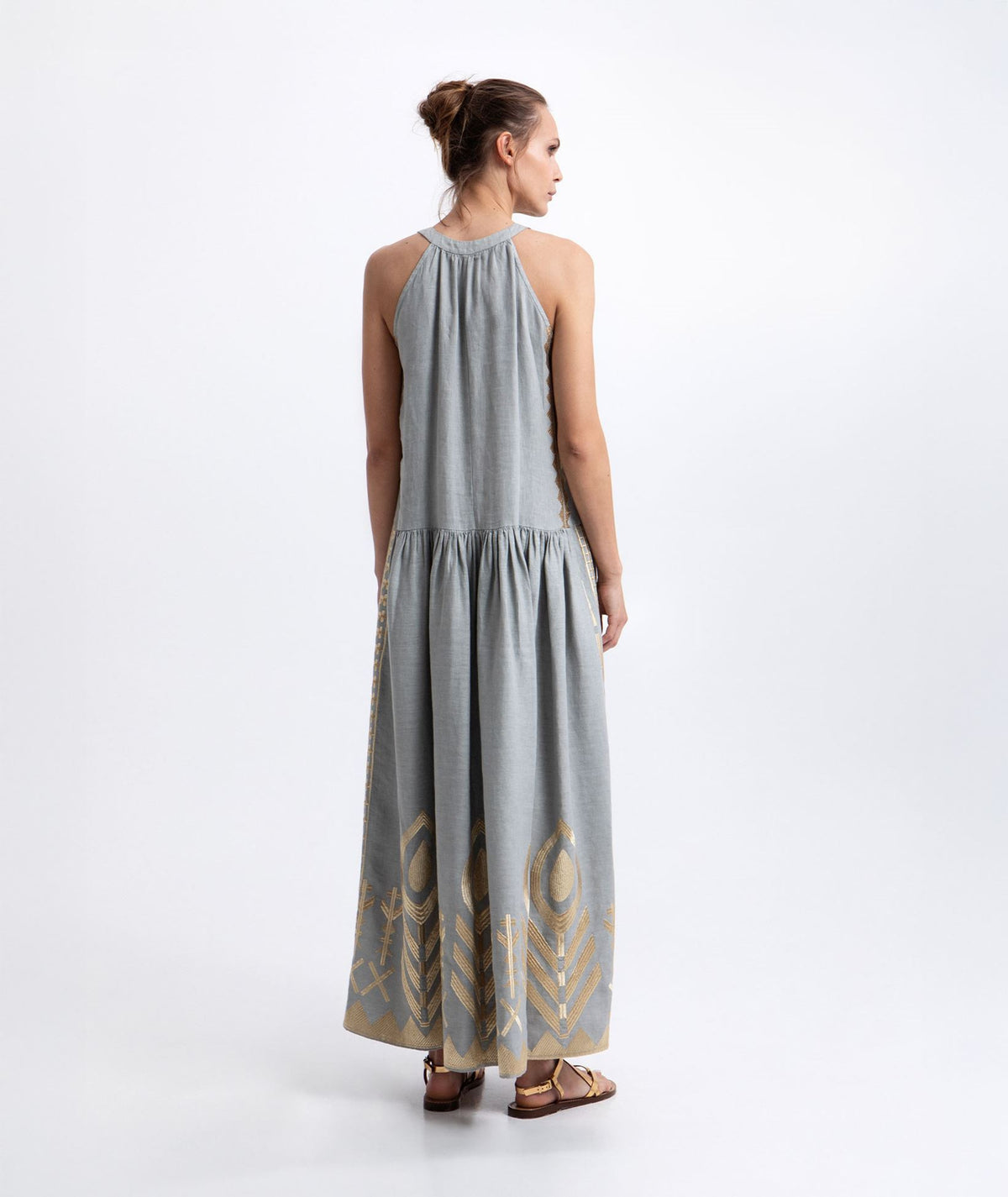 Greek Archaic Kori | Stone gold linen embroidered Feather halter midi dress
