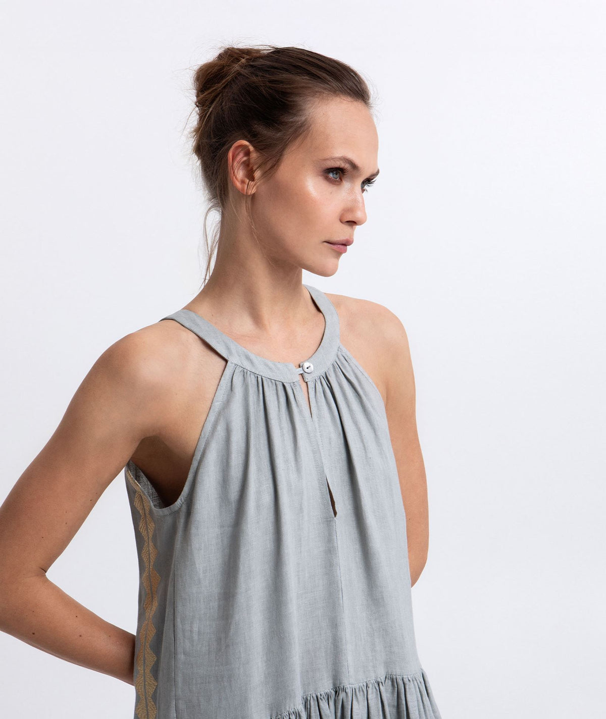 Greek Archaic Kori | Stone gold linen embroidered Feather halter midi dress