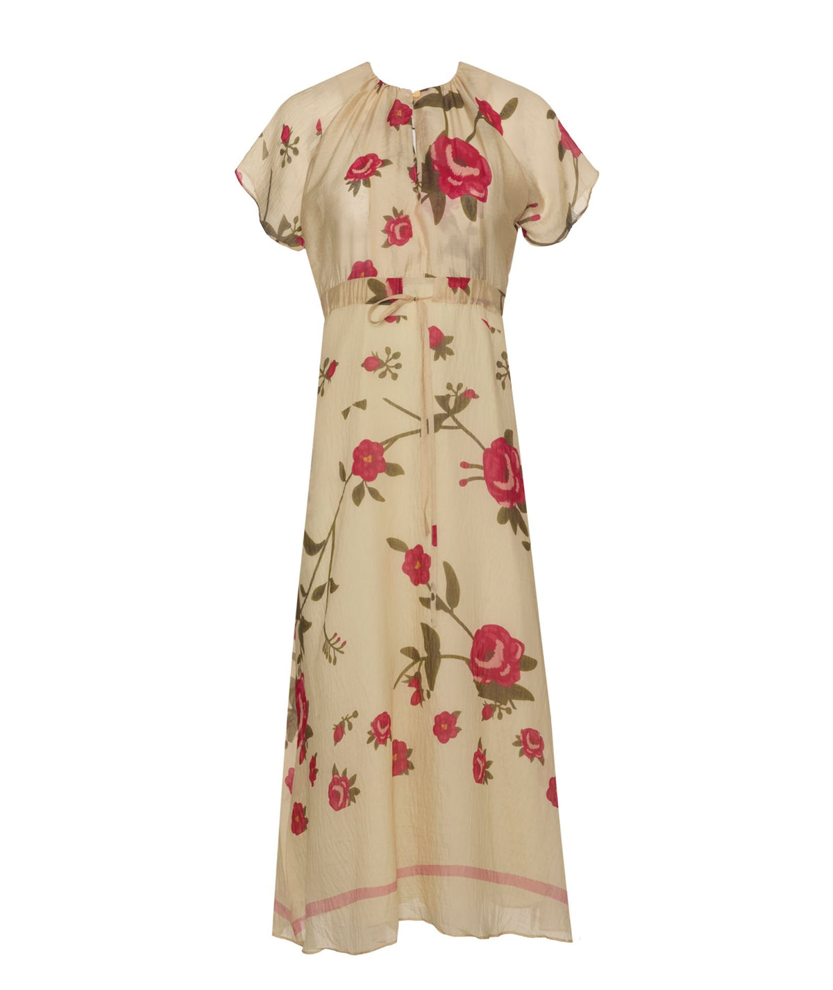 Cristina Beautiful Life | Beige red floral cotton-silk Lucia midi dress