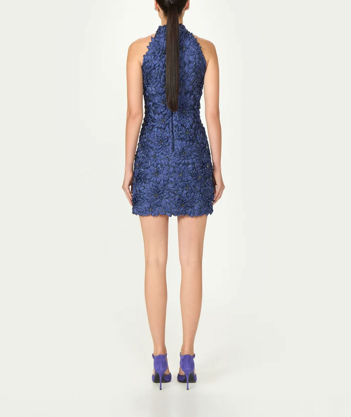 Costarellos | Navy lurex satin flower-embellished Orissa mini dress