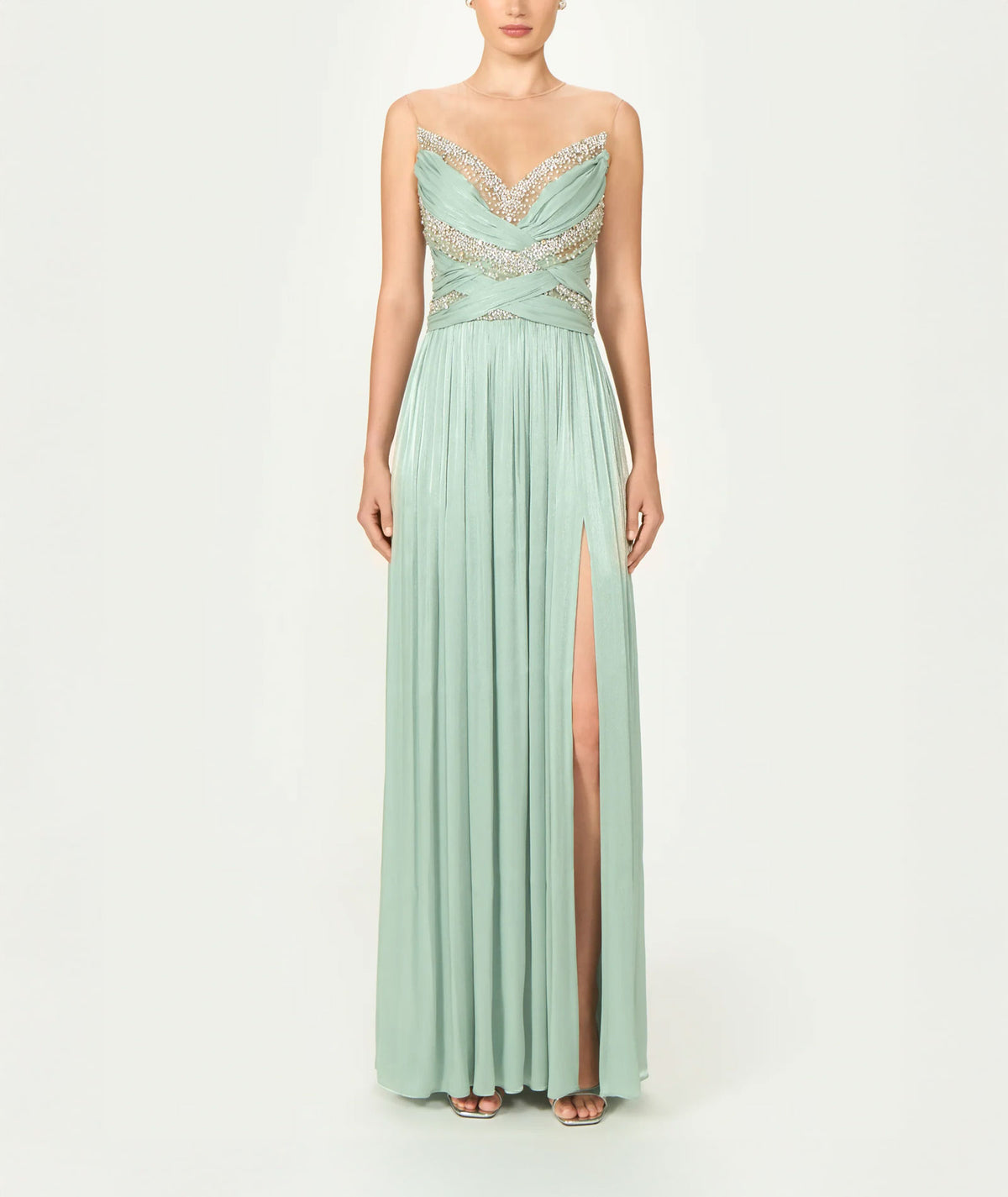 Costarellos | Mint lurex georgette crystal-embroidered Branka gown