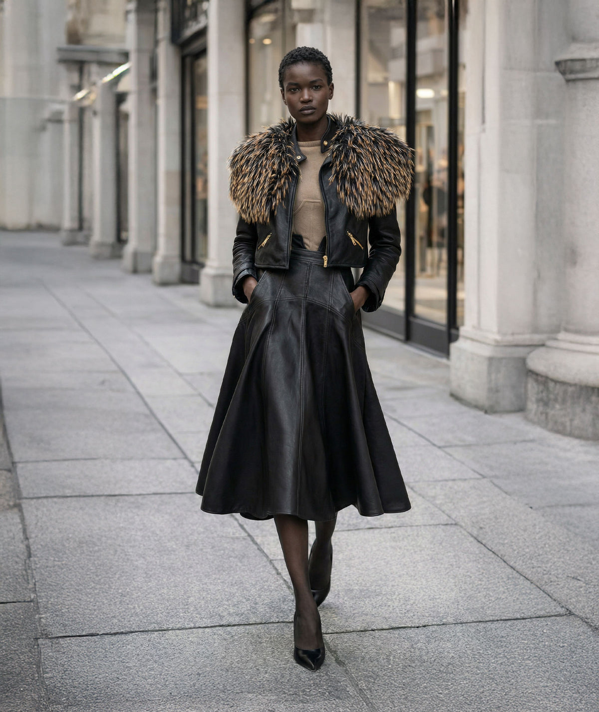 Lace | Black Victoire jacket with faux fur