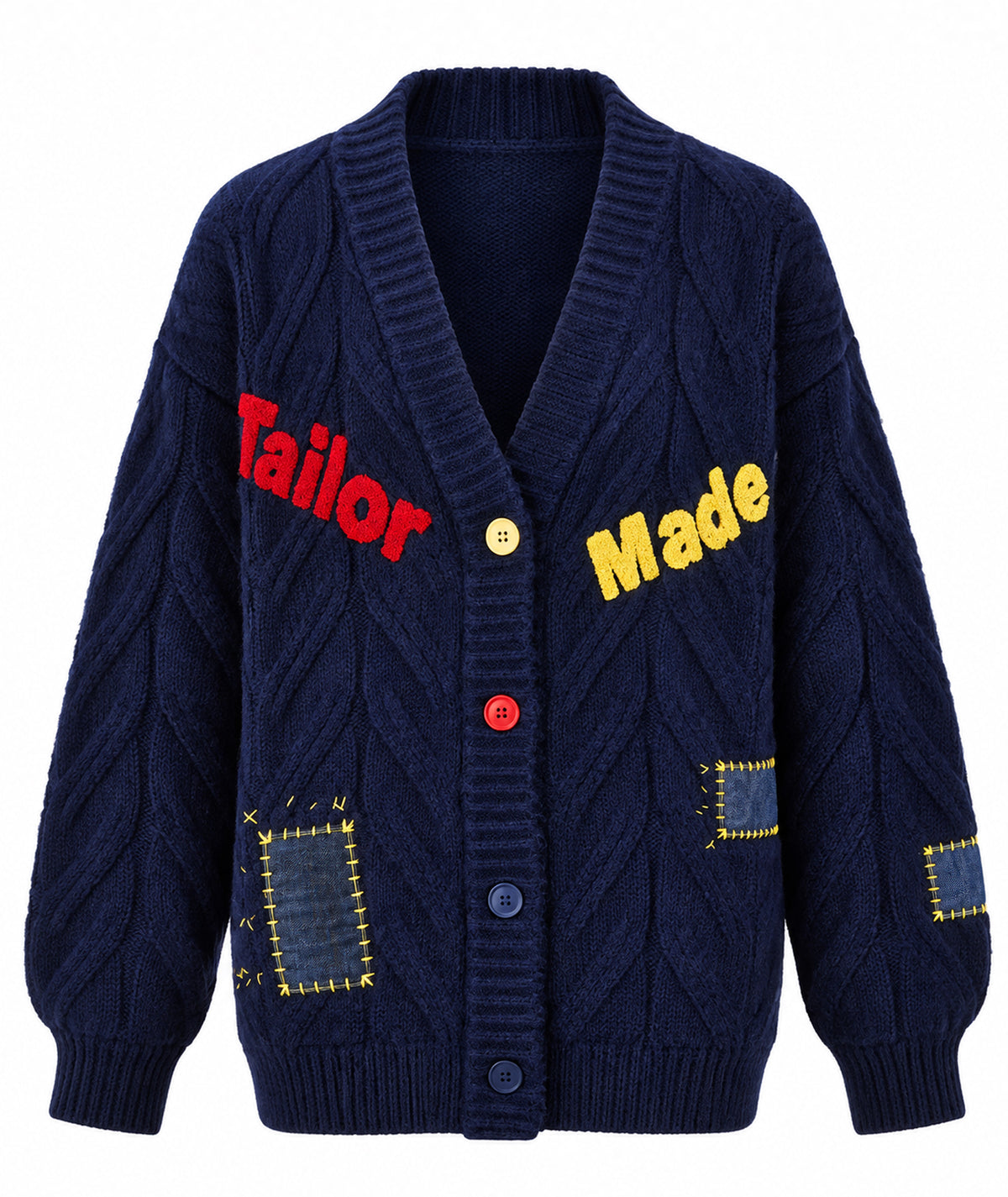 Tailor Made | Navy blue cable-knitted cardigan with embroidery