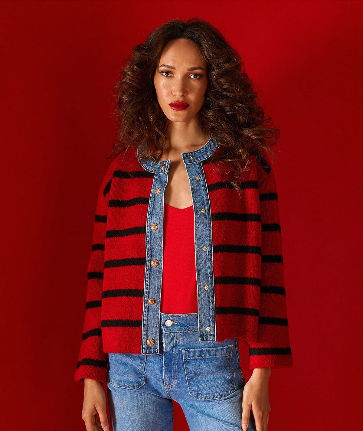 Tailor Made | Red striped knitted cardigan with denim detail