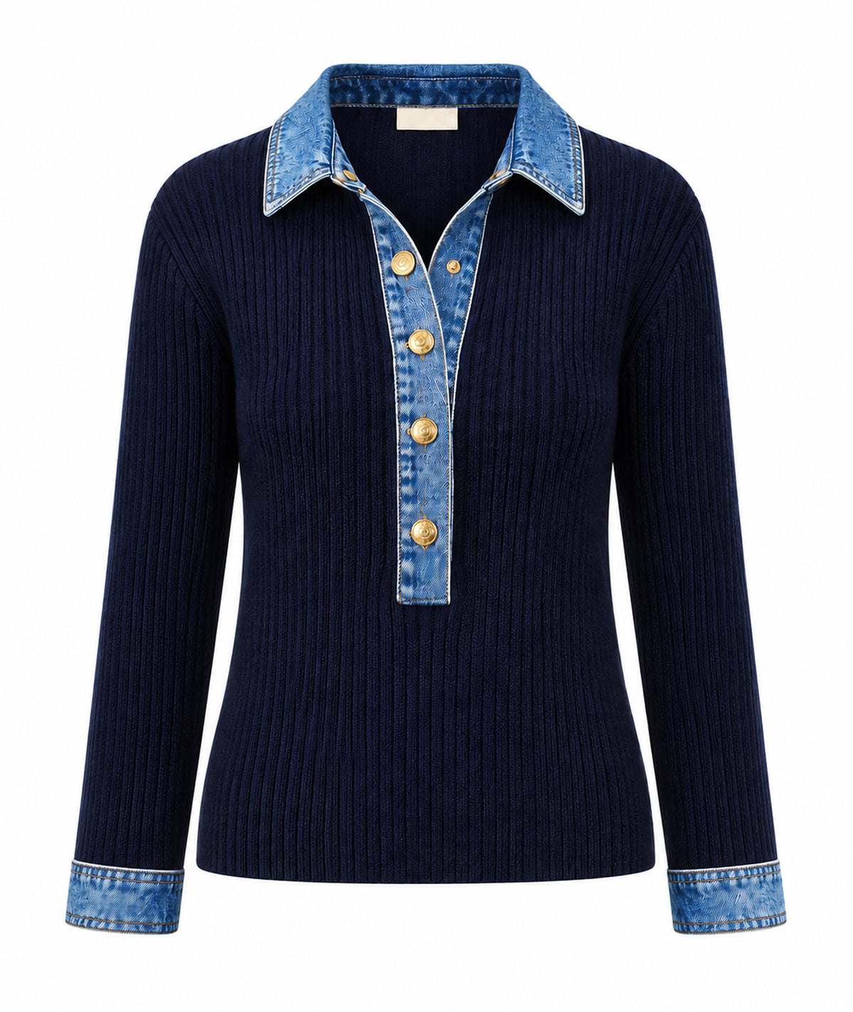 Tailor Made | Navy blue rib-knitted sweater with denim collar