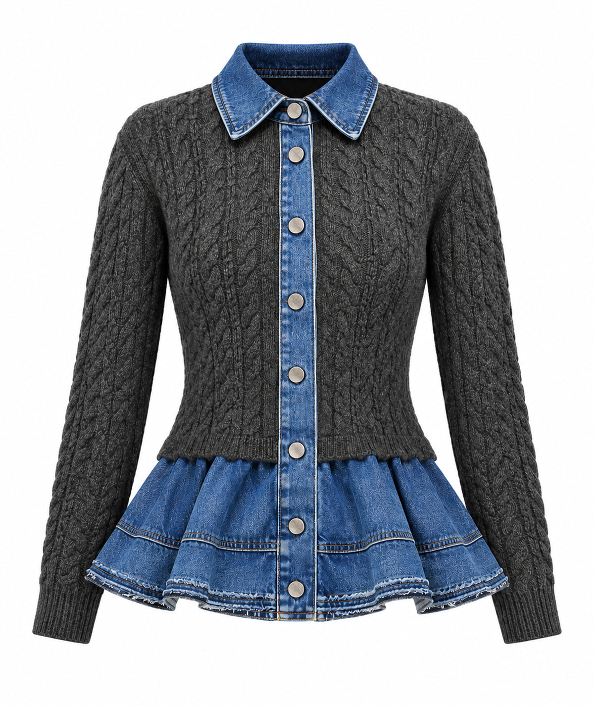 Tailor Made | Grey cable-knitted cardigan with denim detail
