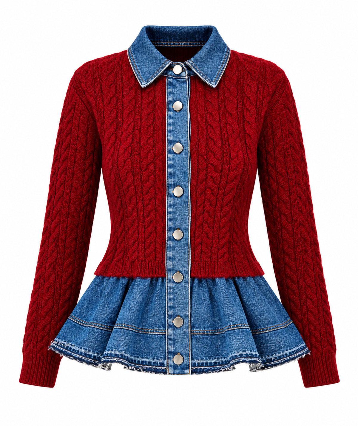 Tailor Made | Bordeaux ccable-knitted cardigan with denim detail