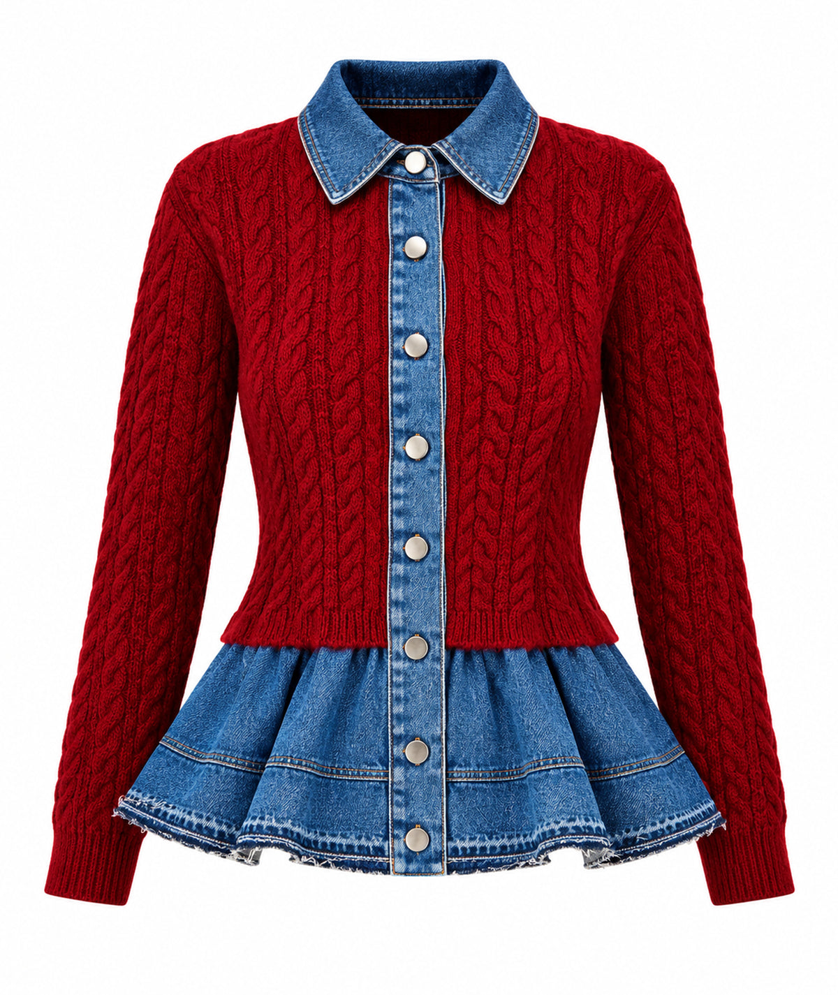 Tailor Made | Bordeaux ccable-knitted cardigan with denim detail