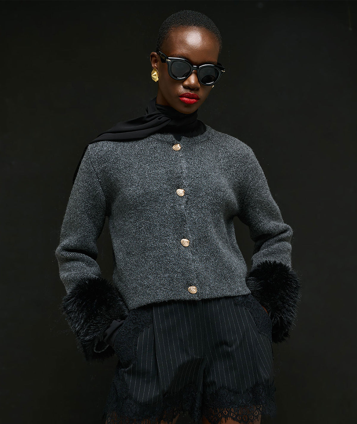 Tailor Made | Grey knitted fur-trimmed cardigan