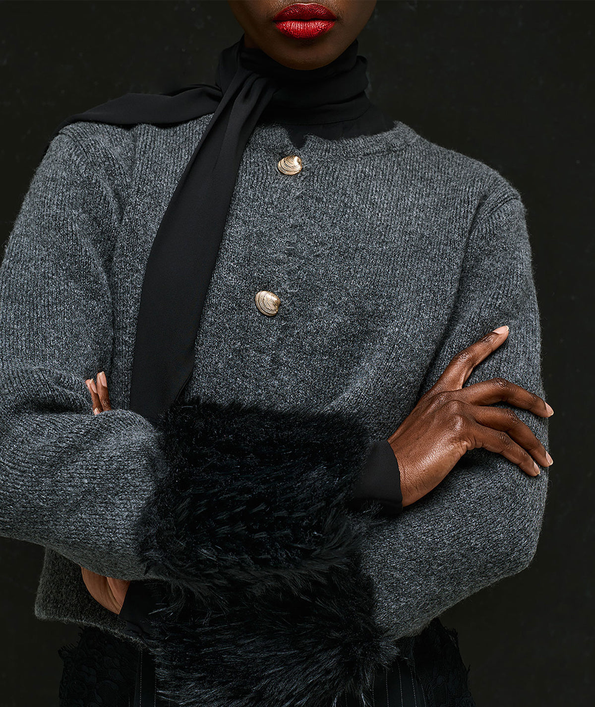 Tailor Made | Grey knitted fur-trimmed cardigan