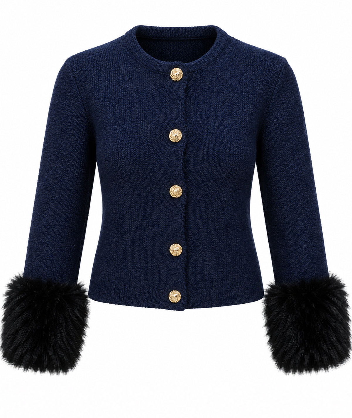 Tailor Made | Navy blue knitted fur-trimmed cardigan