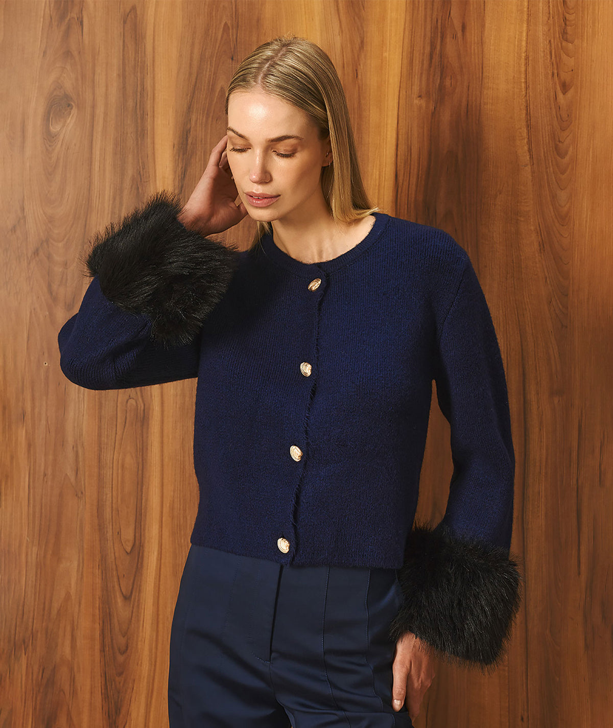Tailor Made | Navy blue knitted fur-trimmed cardigan