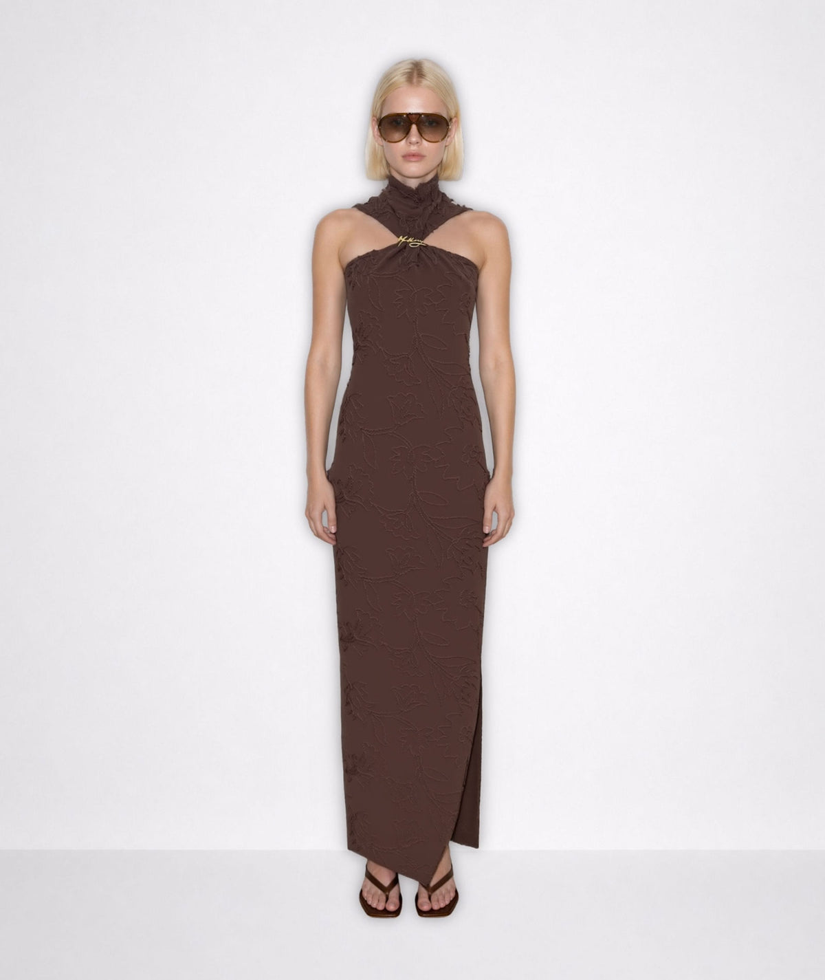 Mallory The Label | Brown halter high-neck Dark Camellia maxi dress