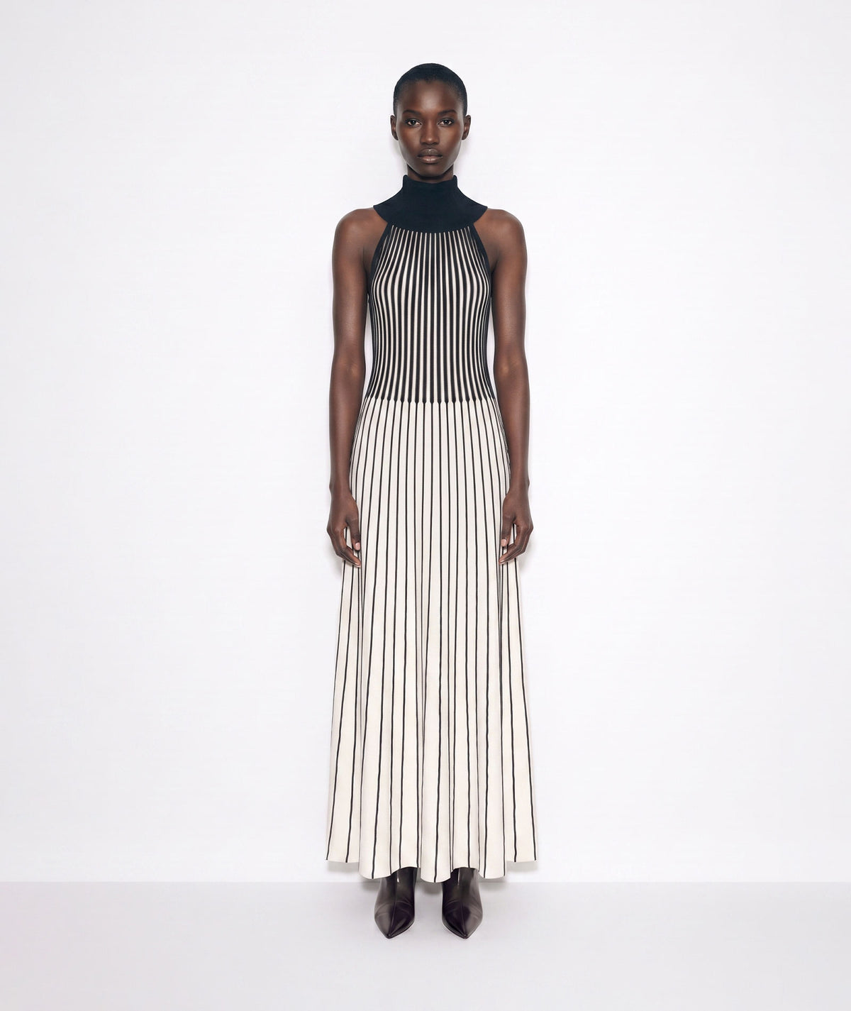 Mallory The Label | Black white striped rib-knitted Ivory Noir maxi dress