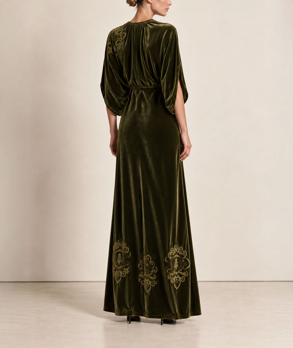Themis Z | Khaki imposed silk-velvet Amore maxi dress