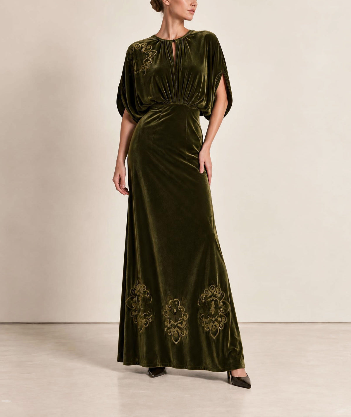 Themis Z | Khaki imposed silk-velvet Amore maxi dress