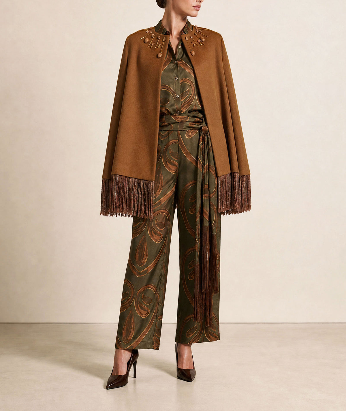 Themis Z | Camel wool-cashmere embellished Antiope fringed cape