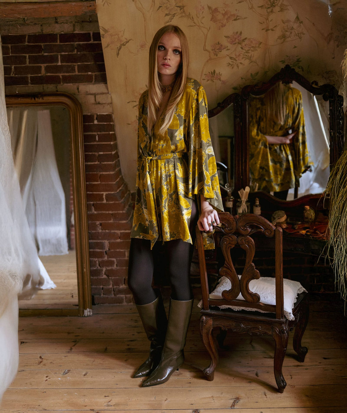 Nidodileda | Mustard printed belted Verity shirt Nidodileda