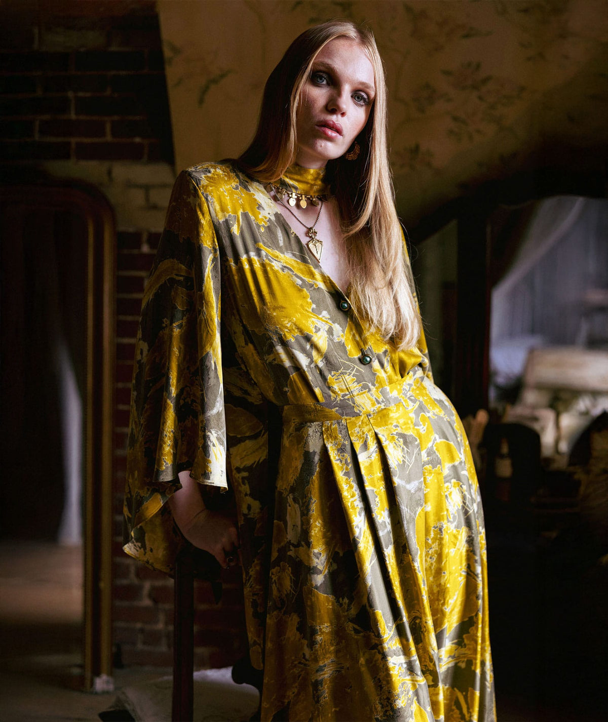Nidodileda | Mustard printed belted Verity shirt Nidodileda