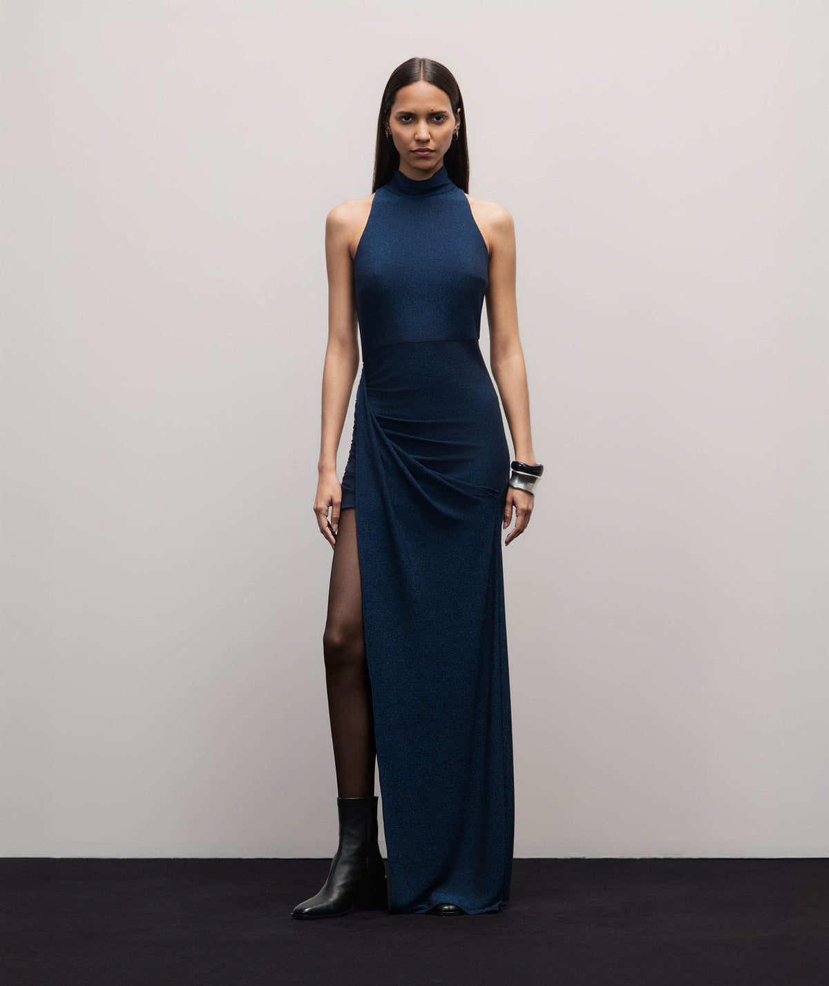 Stelios Koudounaris | Blue lurex jersey halter maxi dress Stelios Koudounaris