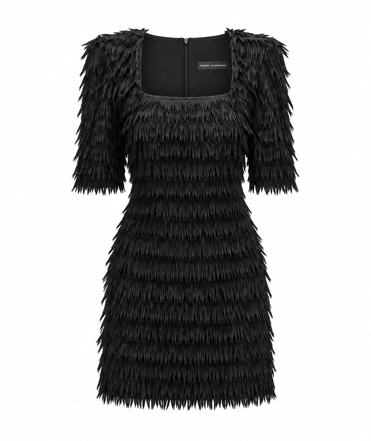 Stelios Koudounaris | Black fringed square-neck mini dress Stelios Koudounaris