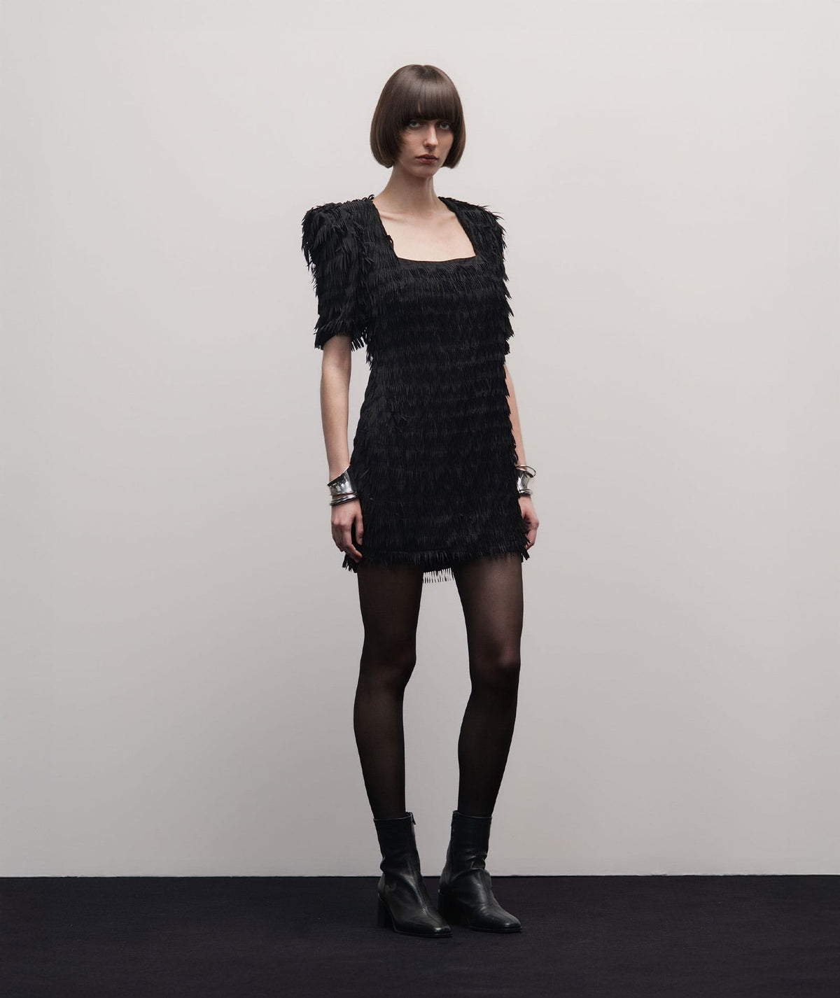 Stelios Koudounaris | Black fringed square-neck mini dress Stelios Koudounaris