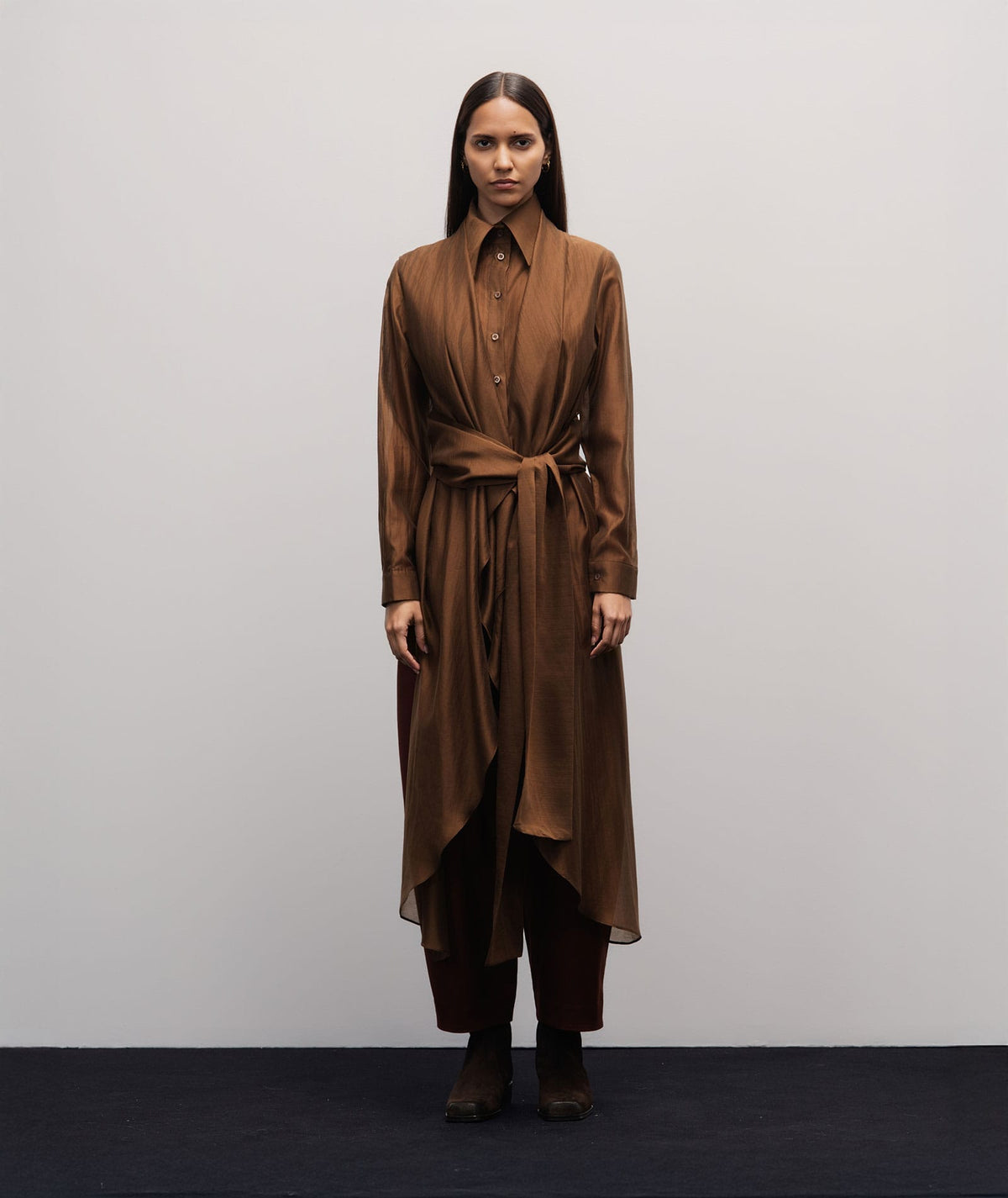 Stelios Koudounaris | Brown silk-blend asymmetric scarf shirt Stelios Koudounaris