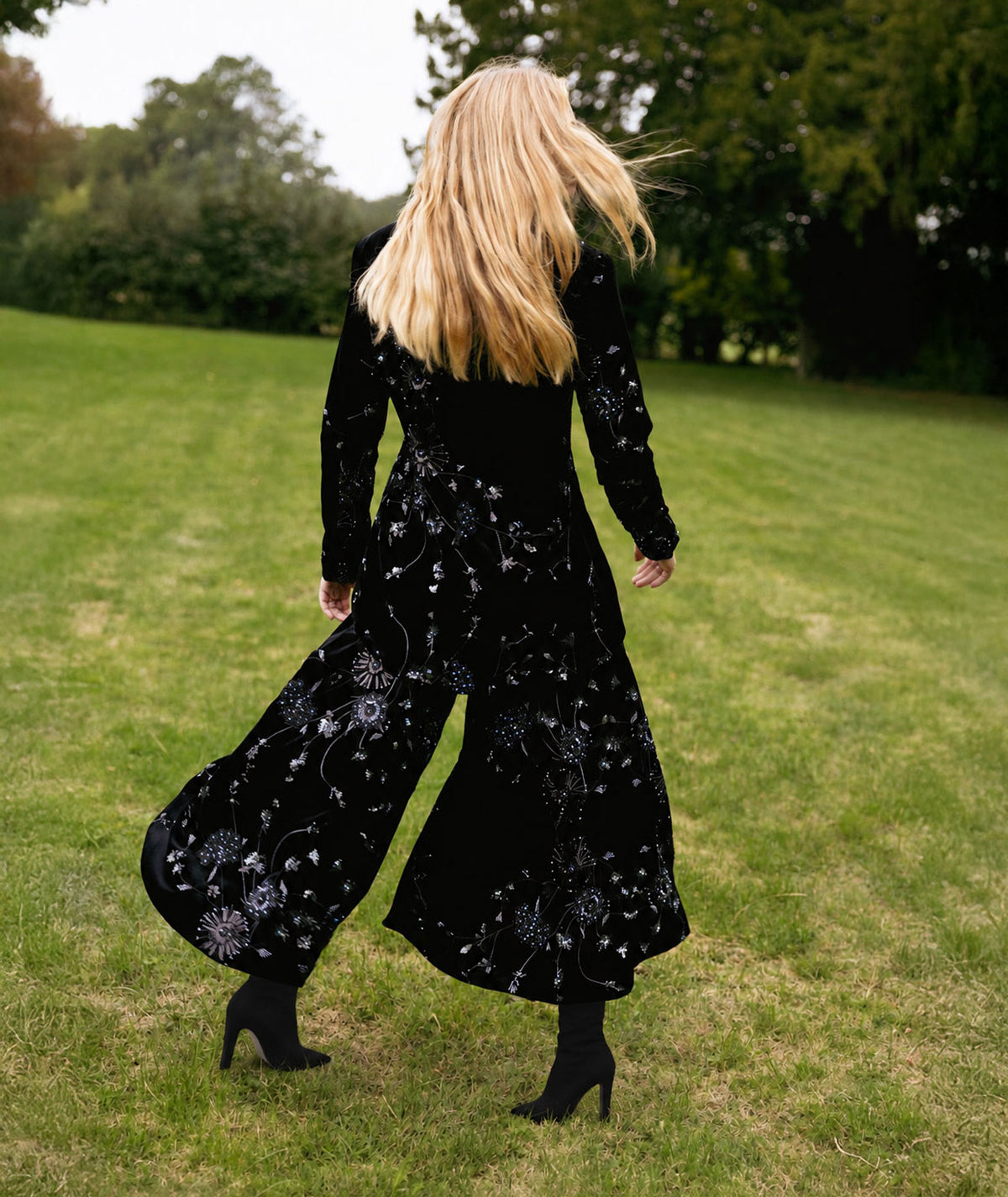 Nidodileda | Black beaded velvet asymmetric Orlene pants