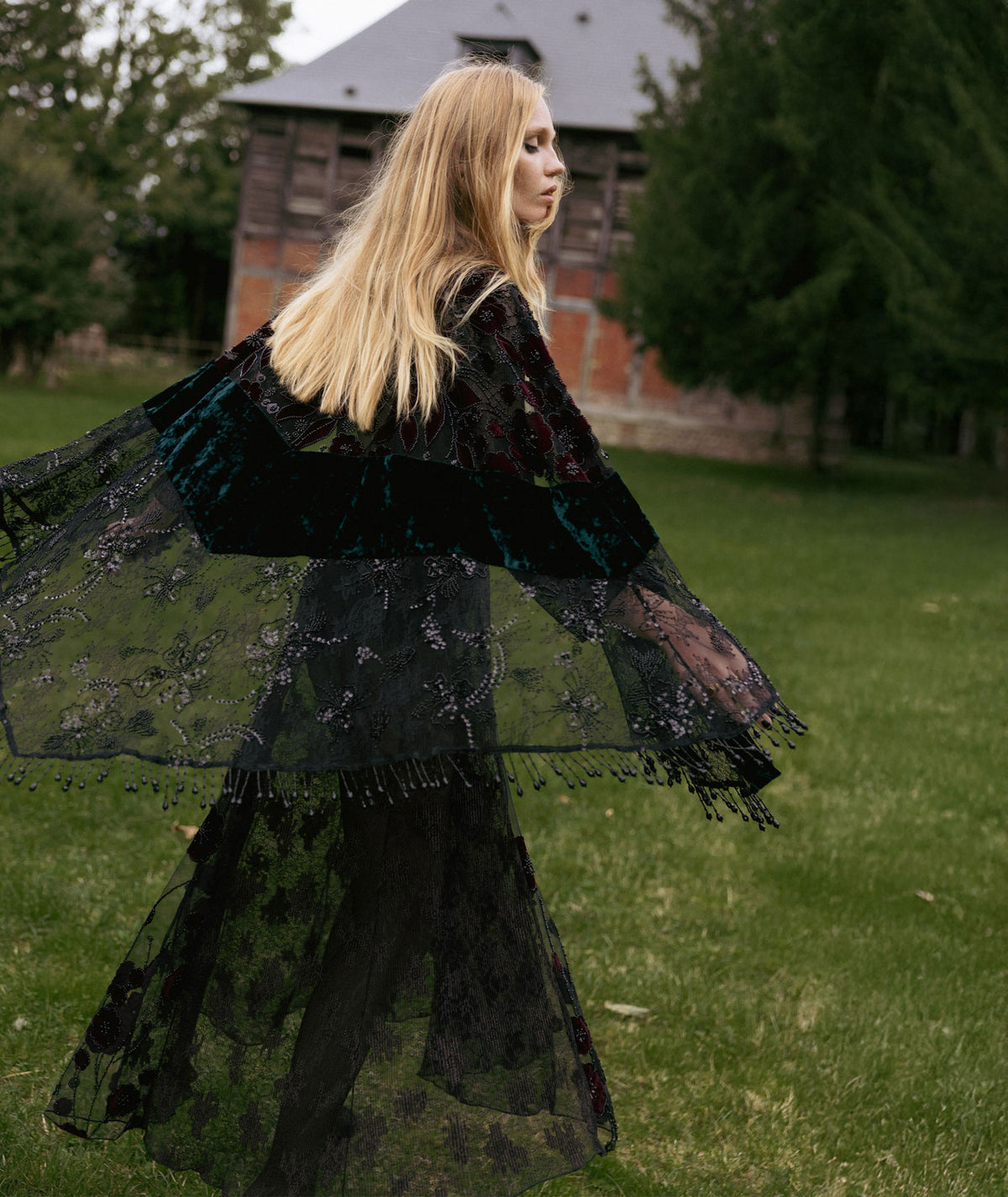 Nidodileda | Black lace embroidered sequined Dalia cape