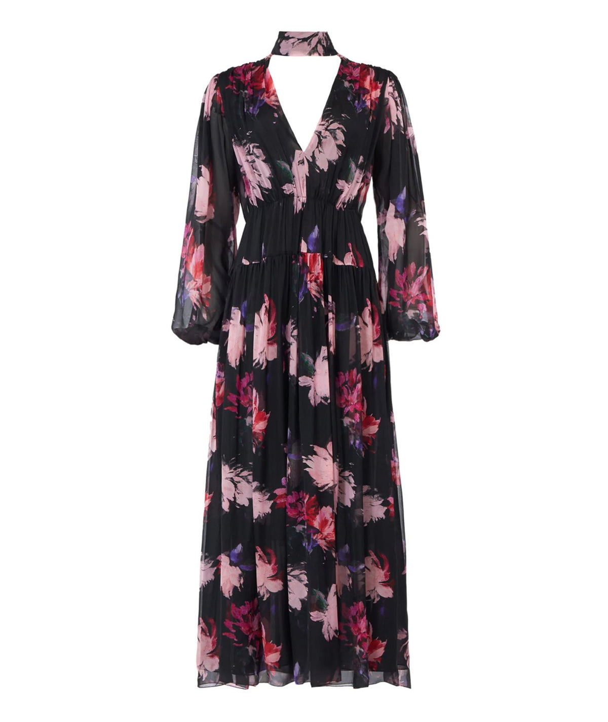 Costarellos | Black pink floral silk georgette Halie dress