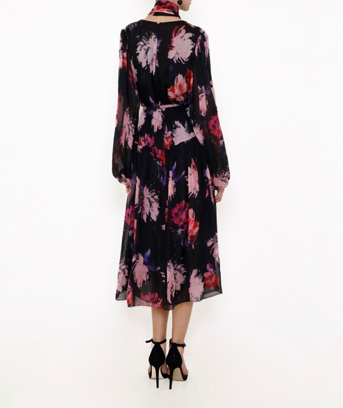 Costarellos | Black pink floral silk georgette Halie dress