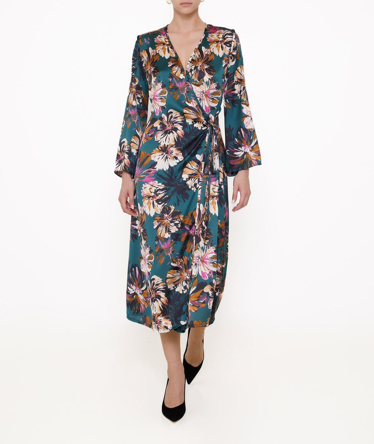 Milla | Green floral satin wrap dress
