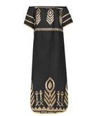 Greek Archaic Kori | Black gold linen embroidered Feather off shoulder midi dress