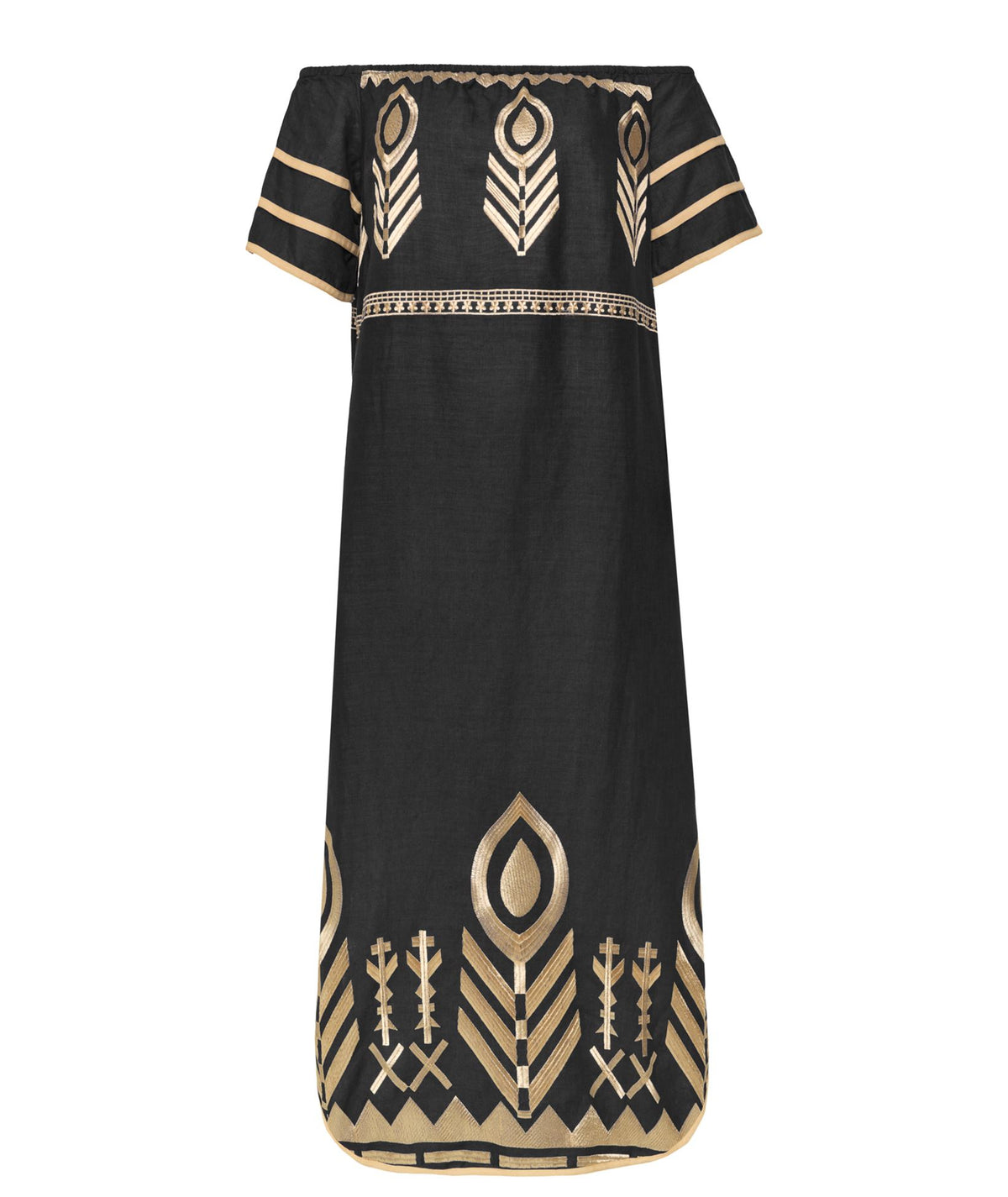 Greek Archaic Kori | Black gold linen embroidered Feather off shoulder midi dress