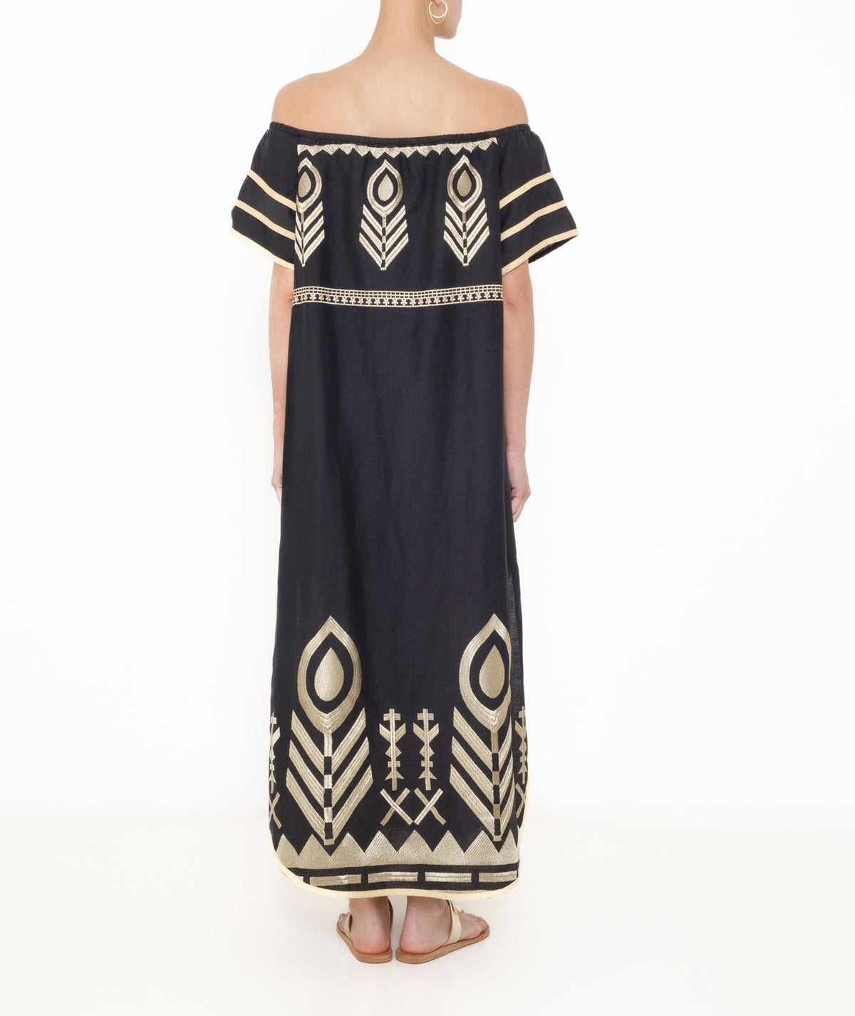 Greek Archaic Kori | Black gold linen embroidered Feather off shoulder midi dress