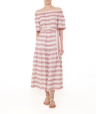 Ancient Kallos | White red striped cotton off shoulder Psara dress