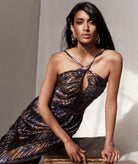 Themis Z | Blue metallic printed pleated halter Kallisto midi dress