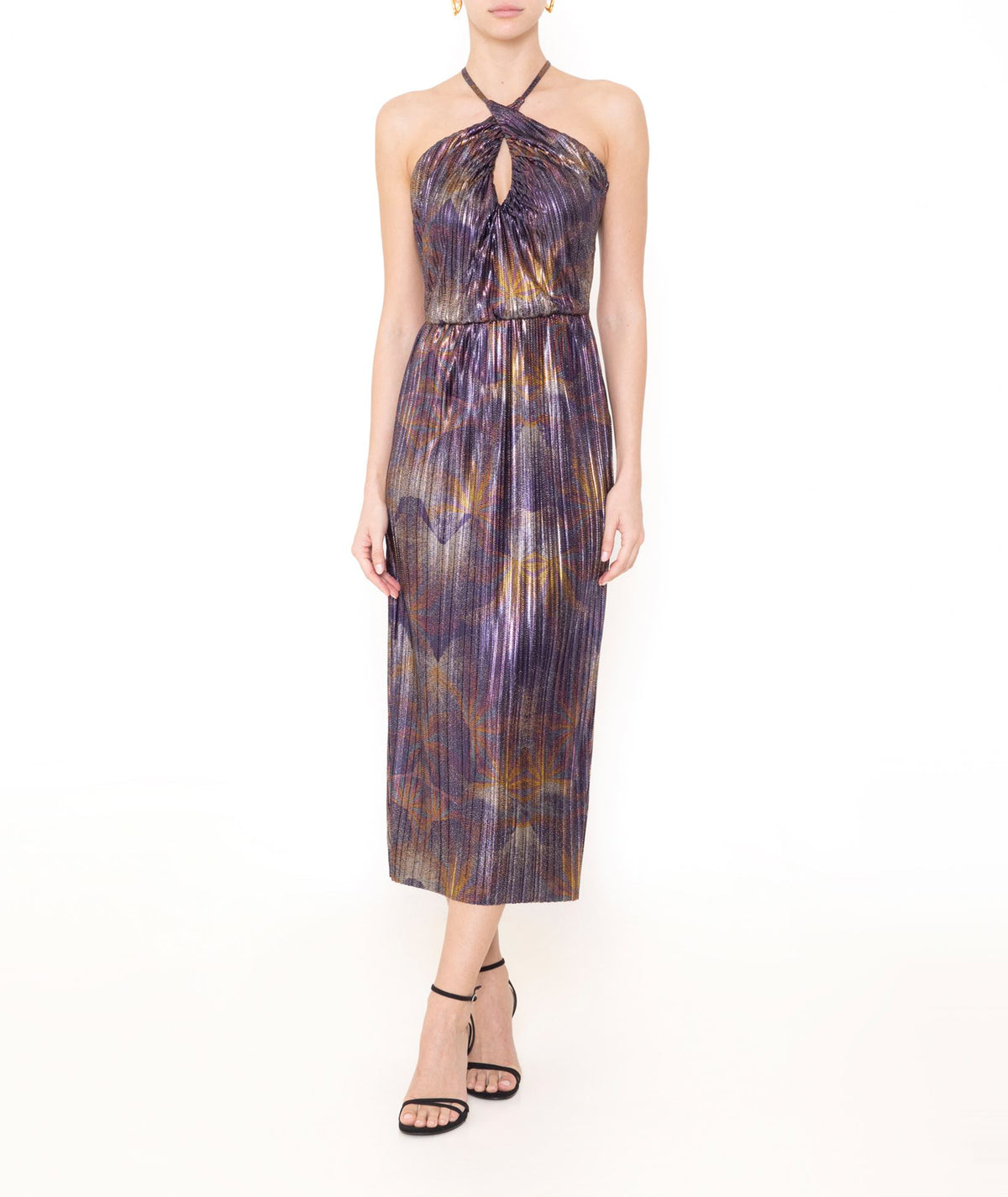 Themis Z | Blue metallic printed pleated halter Kallisto midi dress