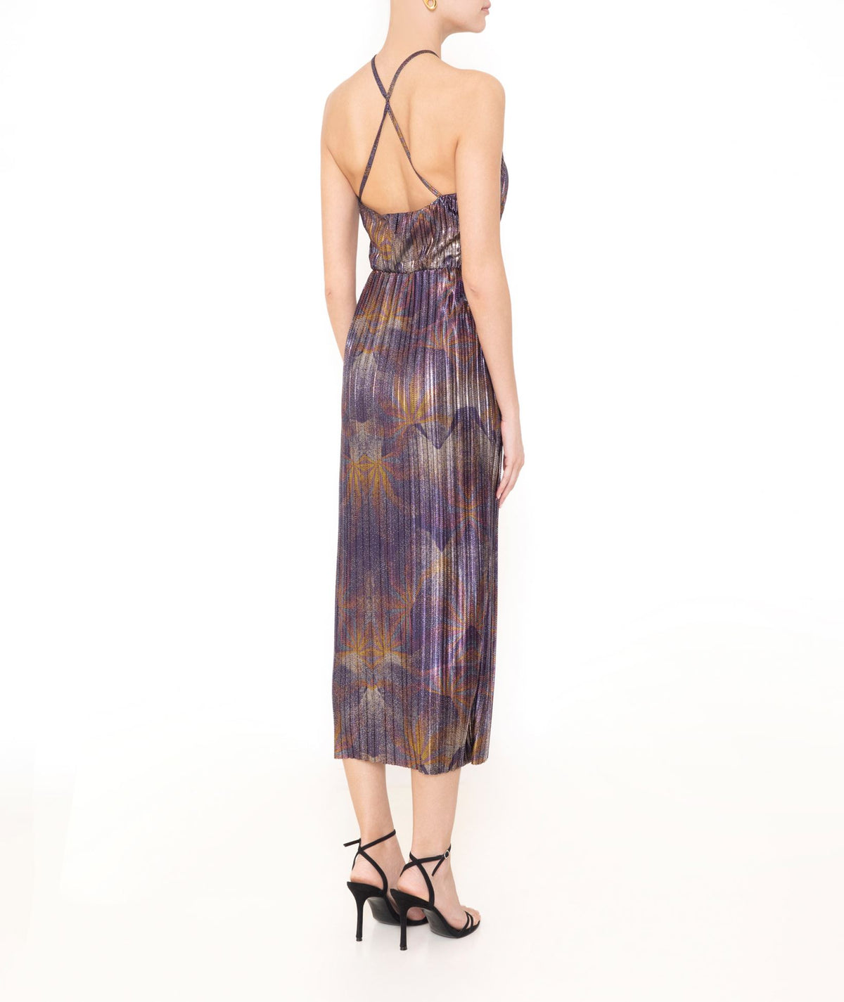 Themis Z | Blue metallic printed pleated halter Kallisto midi dress