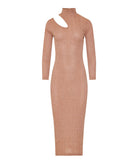 Mallory The Label | Beige lurex shoulder cut out Lotus midi dress